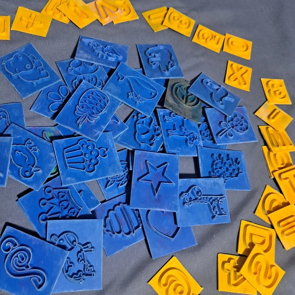 VTG Lot of 60+ Rubber Roller Stamps Letters Numbers‎ Animals Shapes